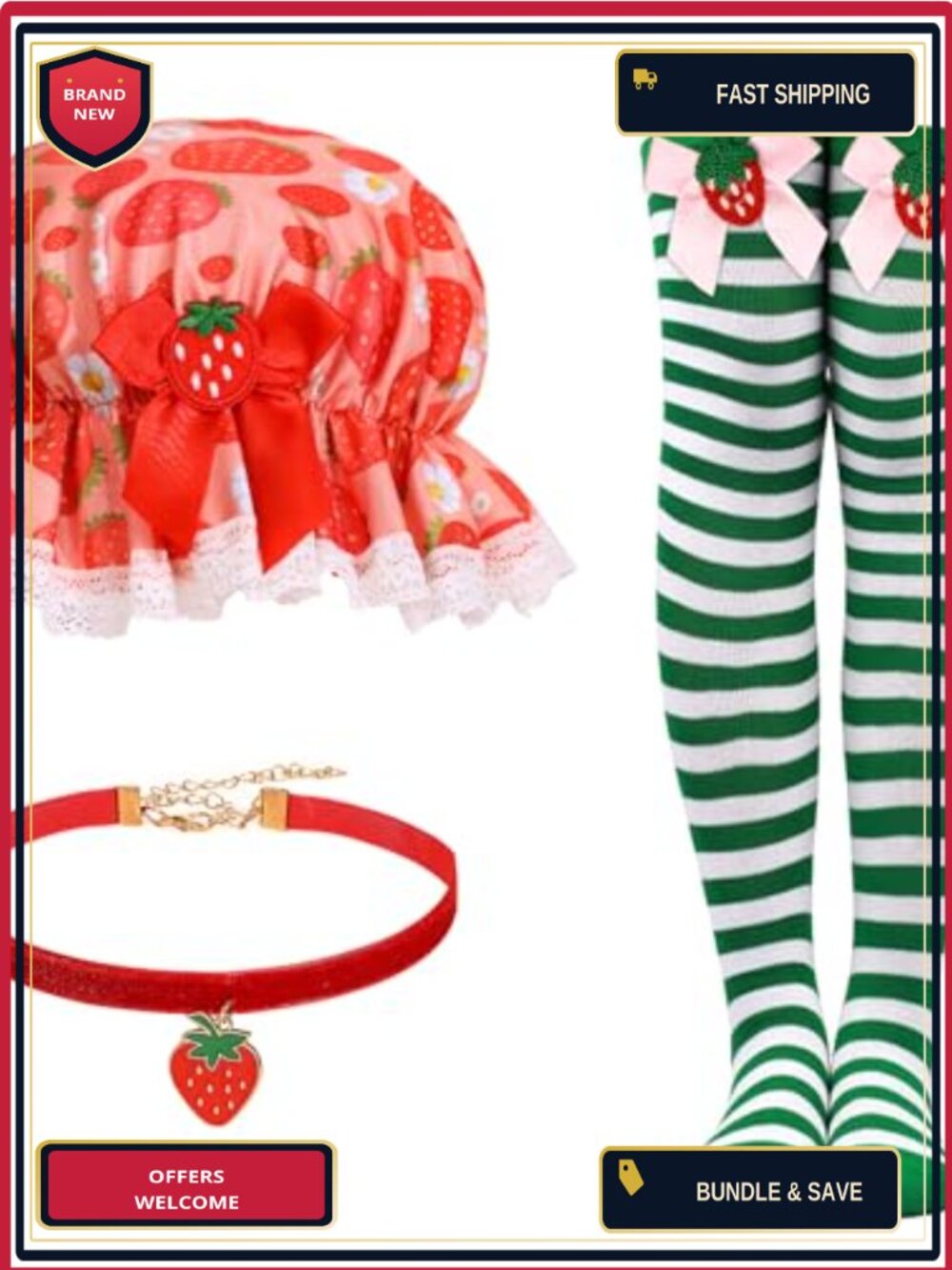 Strawberry Costume Accessory Set Hat Thigh High Socks Necklace Cosplay